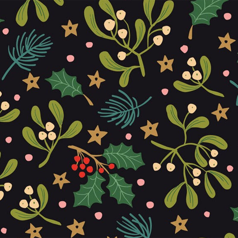 Tossed green leaves, berries, stars, and pink polka dots on a black background