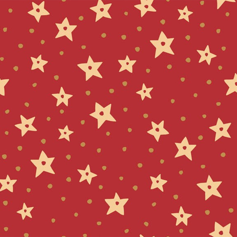 Red fabric with scattered yellow stars and small gold polka dots.