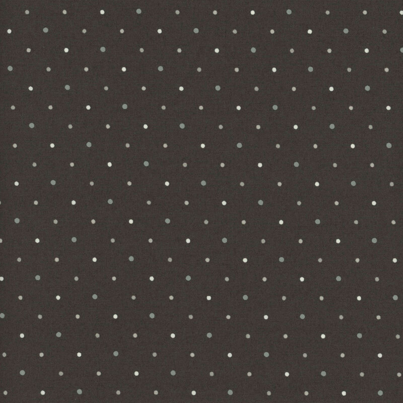 Charcoal gray fabric with multicolor polka dots.