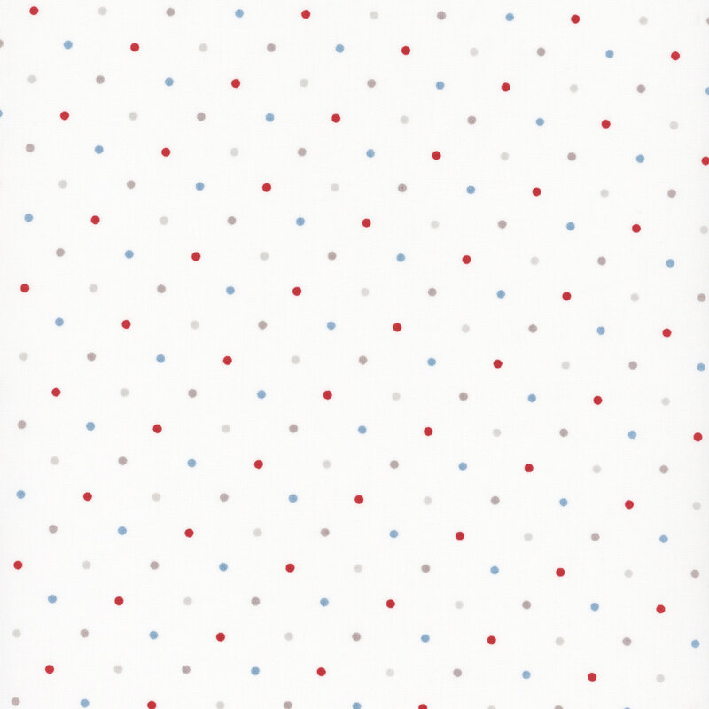 White fabric with patriotically colored polka dots.