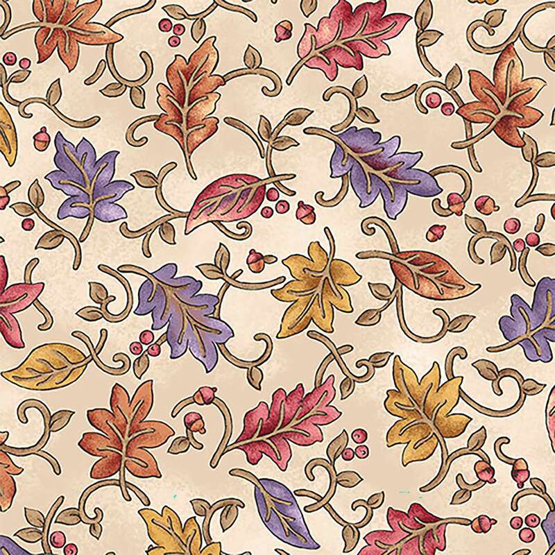 A rich cream fabric featuring a decorative pattern of colorful autumn leaves and swirls.