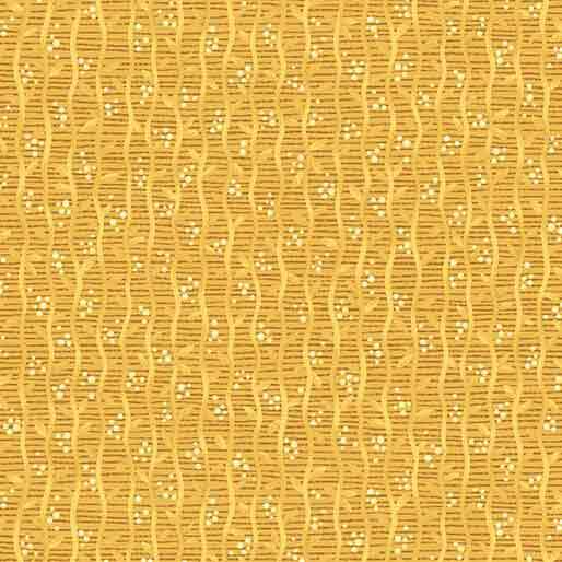 Golden patterned fabric featuring wavy stripes and small, dotted details.