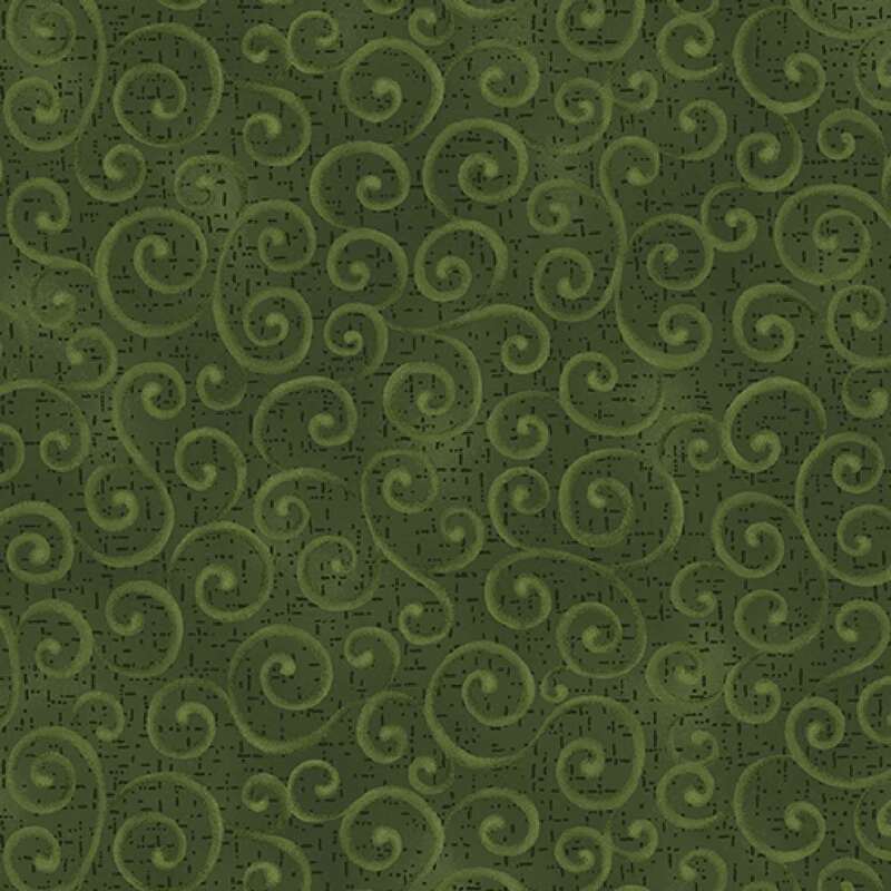 Green fabric with light green swirling decorative patterns throughout the surface.