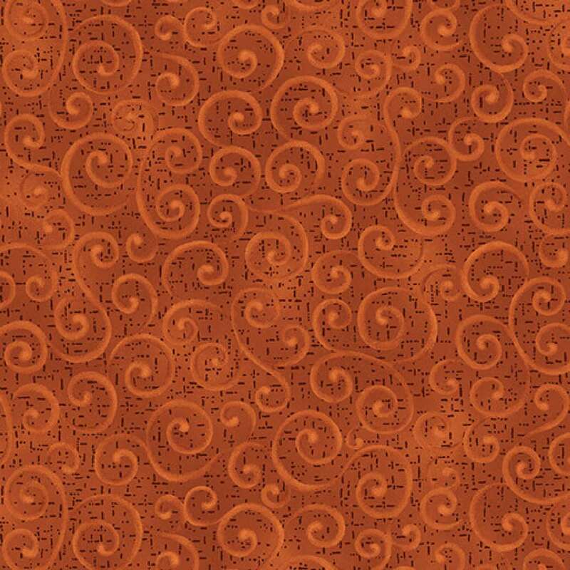 Ornate swirled fabric pattern in warm orange tones on a textured background.