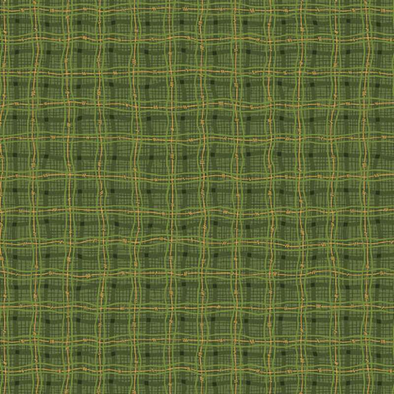 Green woven fabric pattern featuring a grid of textured lines in various shades of green and yellow.