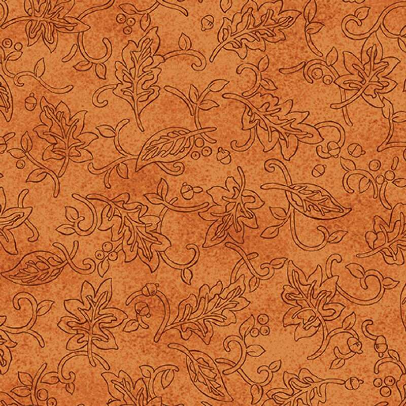 A textured fabric featuring a floral and leaf pattern in warm orange tones.