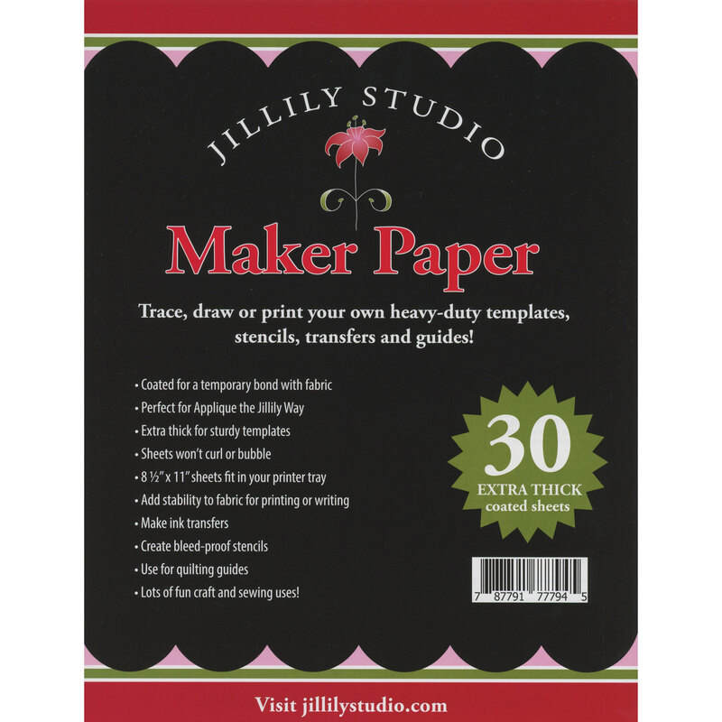 Black packaging featuring Jillily Studio Maker Paper, with descriptions and benefits of the product, including its thickness and uses.