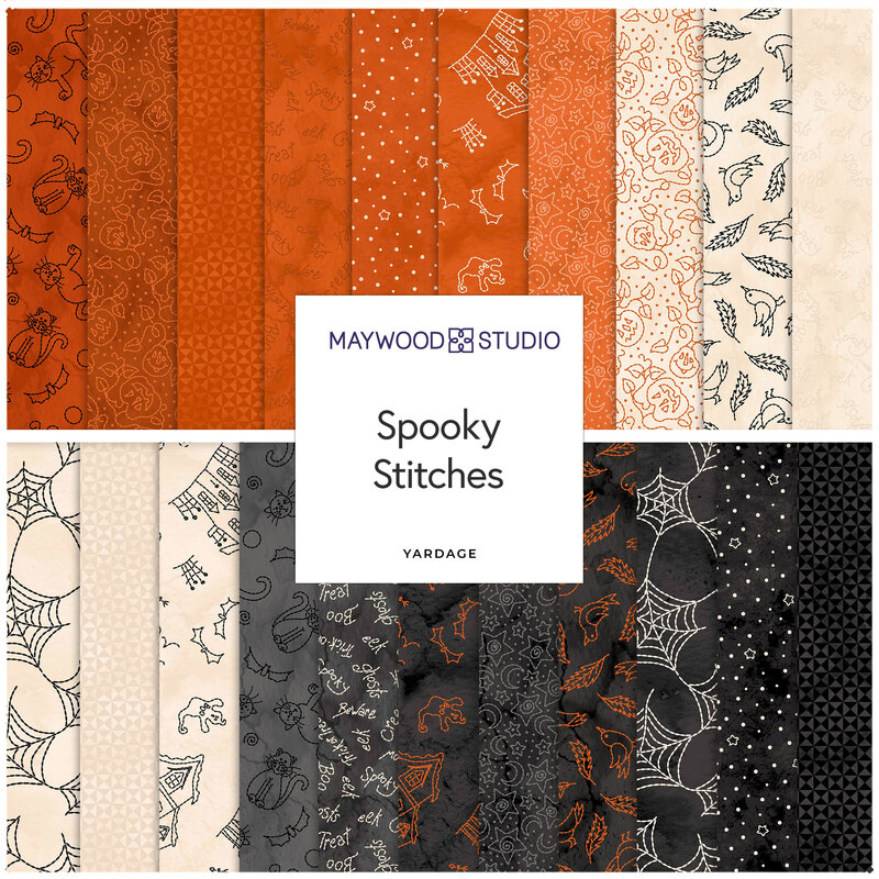 Fabrics in shades of orange, black, and cream with Halloween patterns, labeled Spooky Stitches.