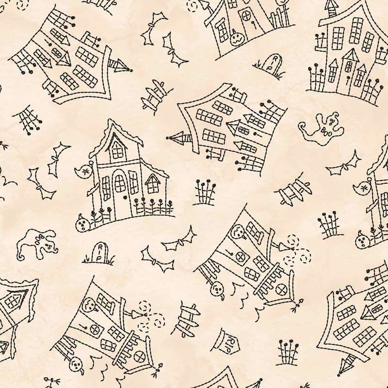 Repeating pattern of whimsical haunted houses, bats, ghosts, and tombstones on a light background.