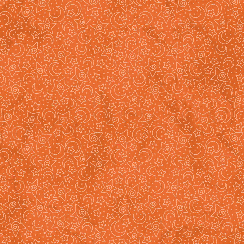 Orange background with white outlined stars, moons, and swirls in a repeating pattern.