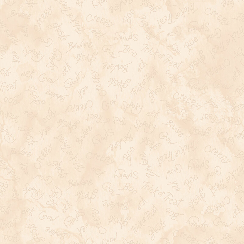 Light beige background with faint, repeated phrases related to Halloween like Boo and Trick or Treat.