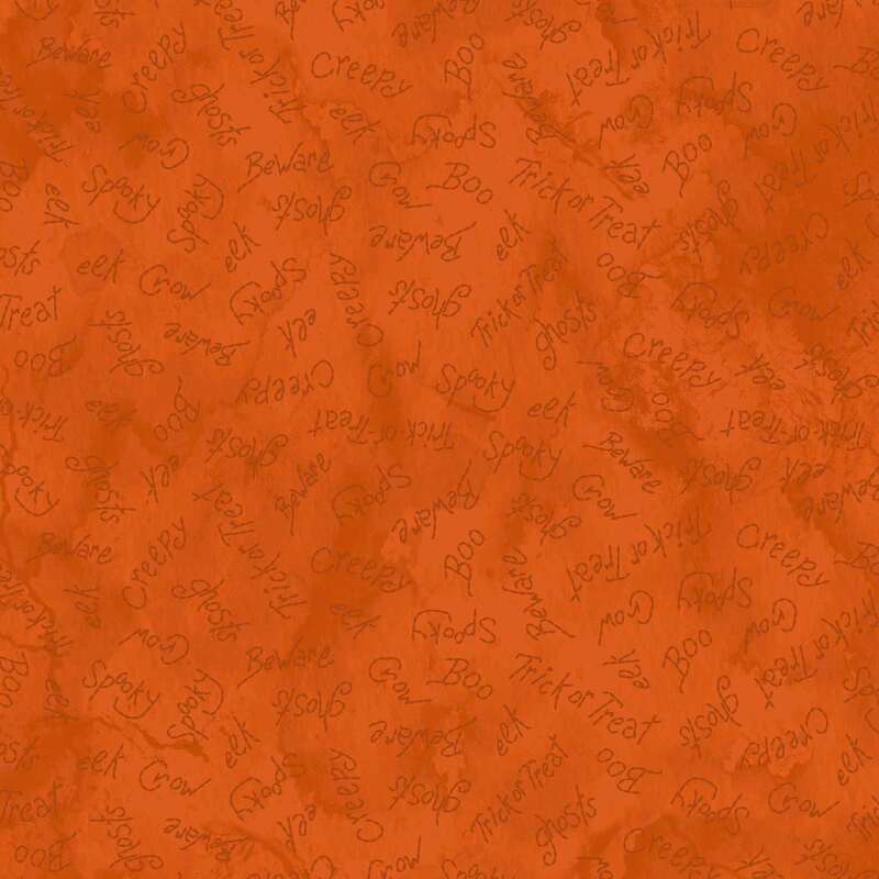 Textured orange background with subtle, repeating phrases in a lighter shade of orange.