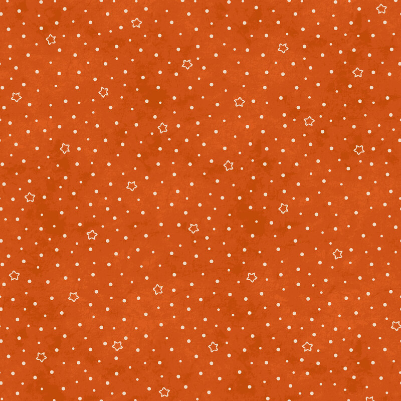 Textured orange background with small white stars and dots arranged evenly across the surface.