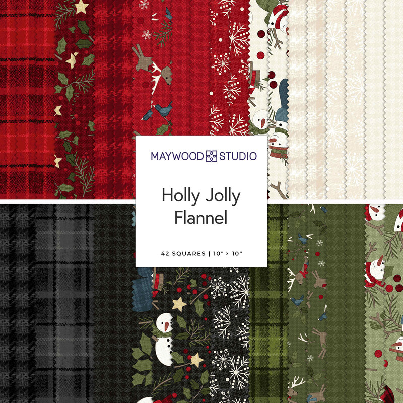 A fabric sampler featuring 42 squares of Christmas-themed flannel in various colors and patterns.