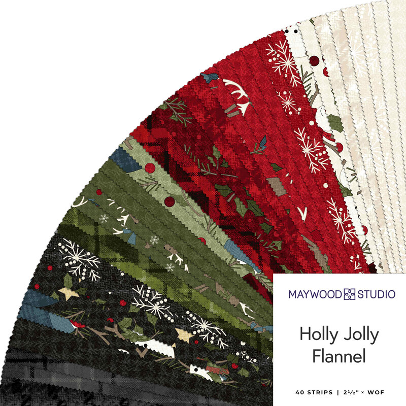 Colorful flannel fabric strips in greens, reds, and cream with seasonal patterns, labeled Holly Jolly Flannel.