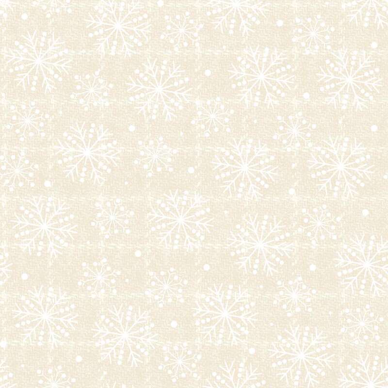 Light beige background featuring a pattern of white snowflakes and dots.