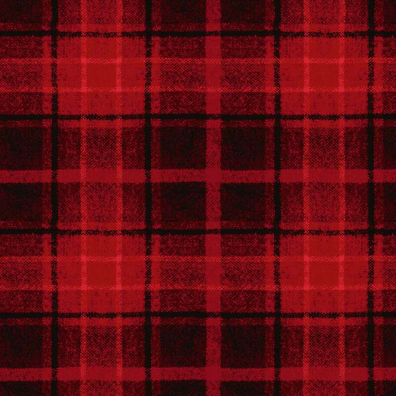 Red and black plaid pattern with intersecting lines creating a checkered design.