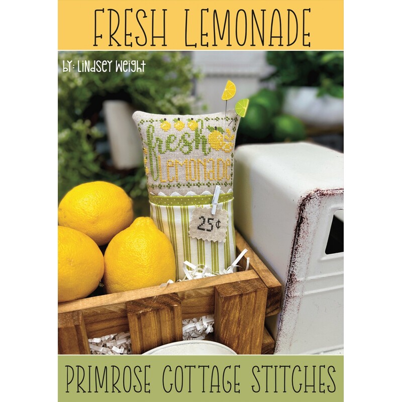 Front cover of the Fresh Lemonade pattern, showing the project finished as a pincushion, surrounded by lemons.