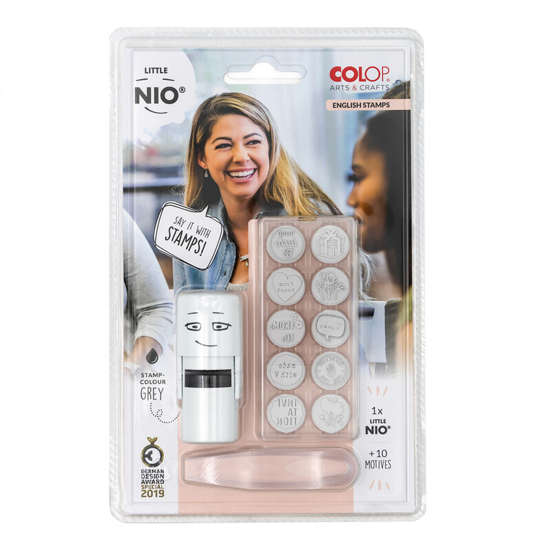 The front of the Colop Little NIO Messages Stamp packaging, showing the stamp, tweezers, and interchangeable imprints.