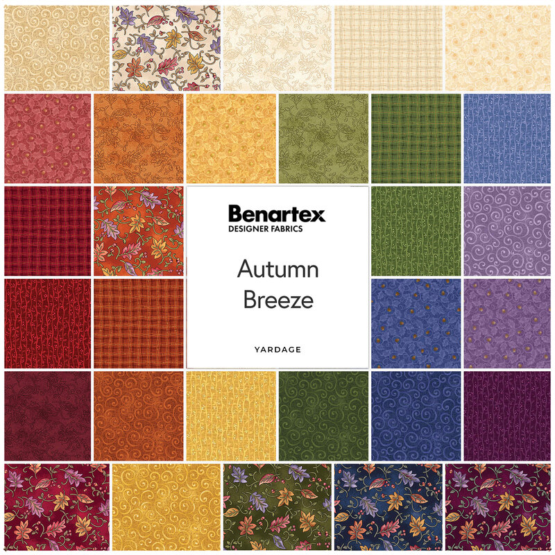 A square collage of red, orange, yellow, green, blue, and purple fabrics with an Autumn Breeze tag in the center