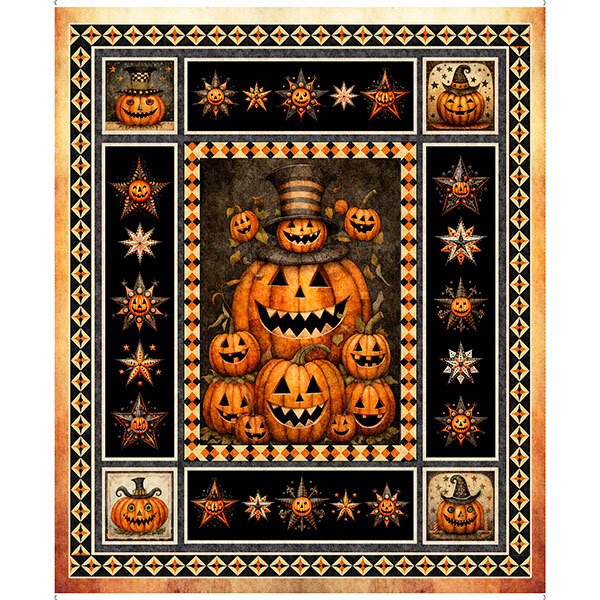 Halloween-themed panel featuring smiling pumpkins, stars, and a central stacked pumpkin design.