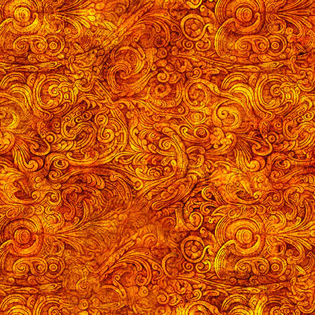 Abstract orange and gold pattern with intricate swirling designs.