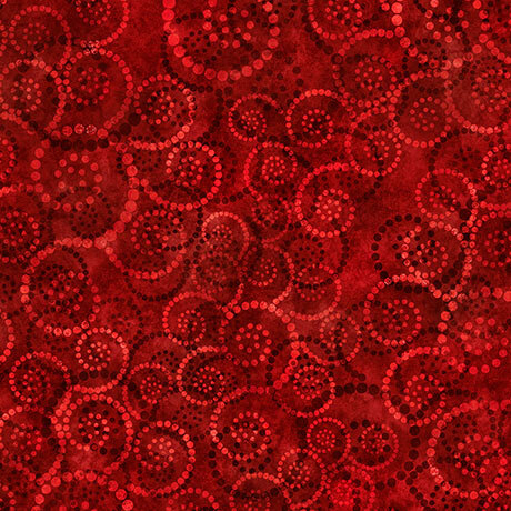 Rich red fabric with a tonal dotted swirl pattern.