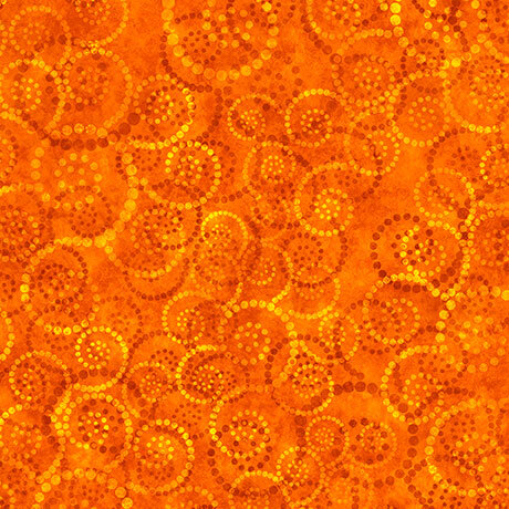 Electric orange fabric with a tonal dotted swirl pattern.