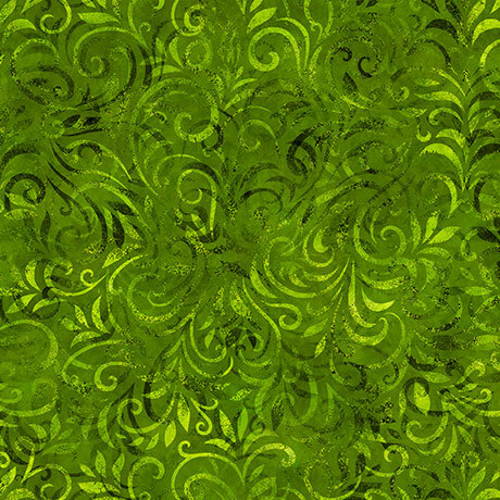 Tonal avocado green fabric with a swirling tonal vine pattern.