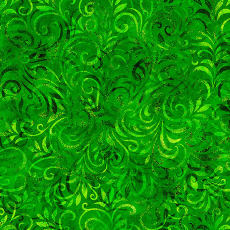 Grass green fabric with a tonal swirling vine pattern,