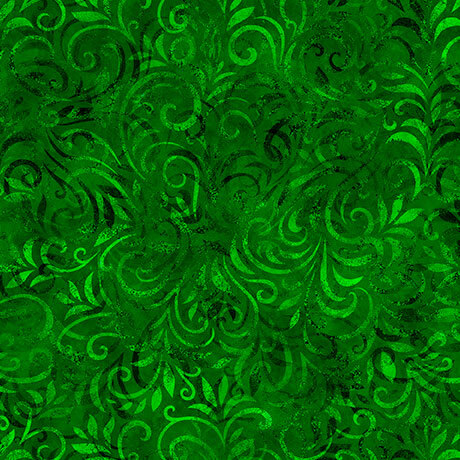 Tonal grass green fabric with a swirling vine pattern.