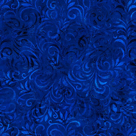 Royal blue fabric with a tonal swirling vine pattern.