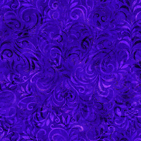 Vibrant violet and indigo fabric with a tonal swirling vine pattern.