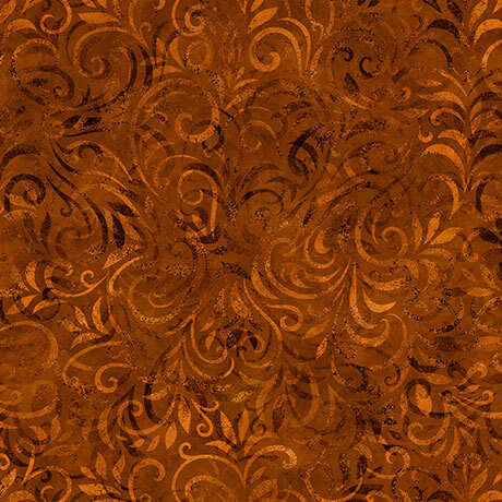 Tonal nut brown fabric with a swirling vine pattern.