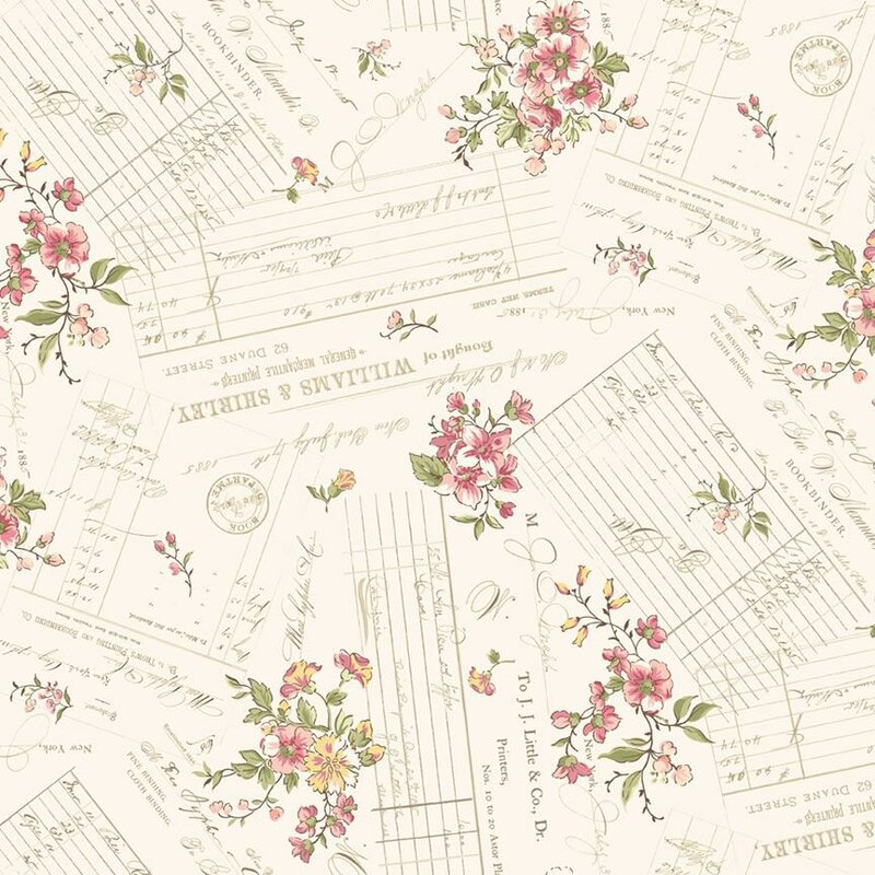 A vintage floral pattern featuring pink flowers and handwritten notes on a light background.