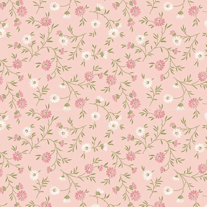 Pink floral pattern with white and pink flowers and green leaves on a light pink background.