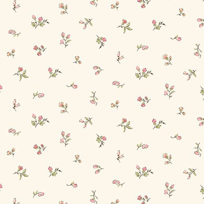 Light cream background featuring small pink floral patterns with leaves, evenly spaced throughout.