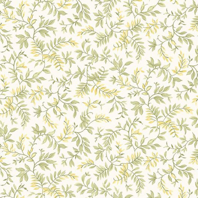 Floral pattern featuring delicate green leaves and yellow accents on a light background.