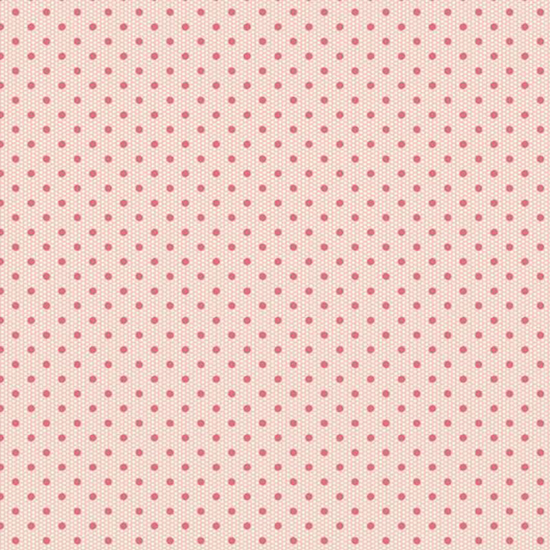 Light pink fabric background with a scattered pattern of small dark pink polka dots.