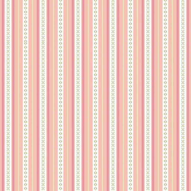 A repeating pattern of vertical stripes in pink and cream, with floral accents between the stripes.