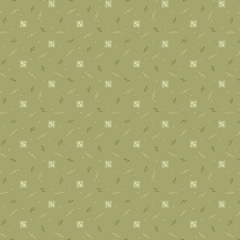 Repeating pattern of small white squares and lines on a muted green background.