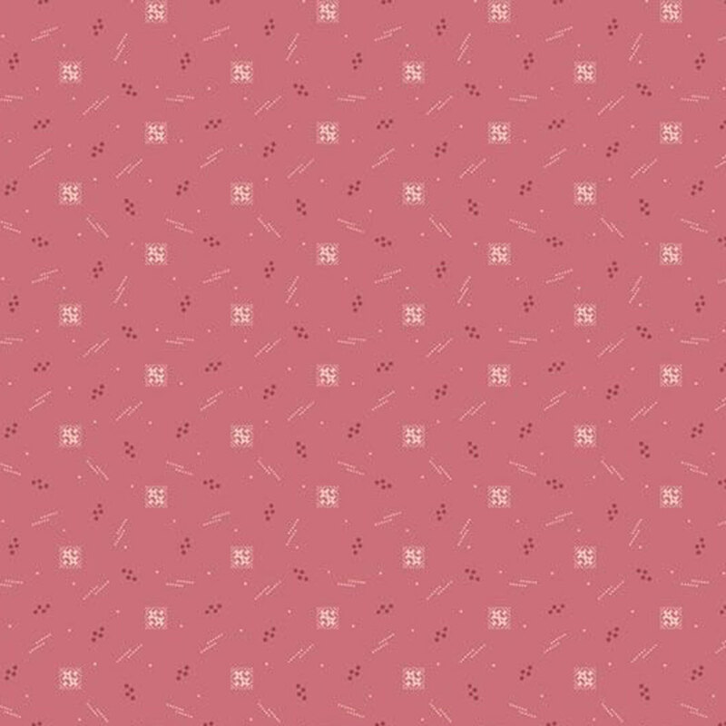 Seamless textile pattern featuring a pink background with small white geometric shapes and lines.