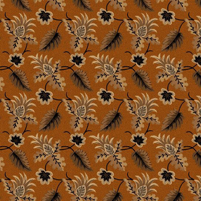 Textured dark orange print with black and cream tapestry florals and leaves.