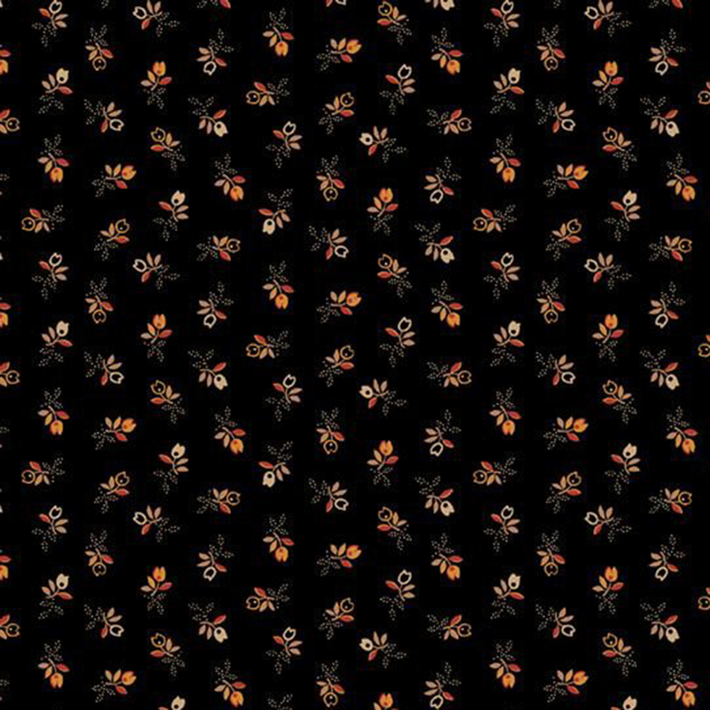 Coal black fabric with tossed orange flowers with dotted beige leaves.