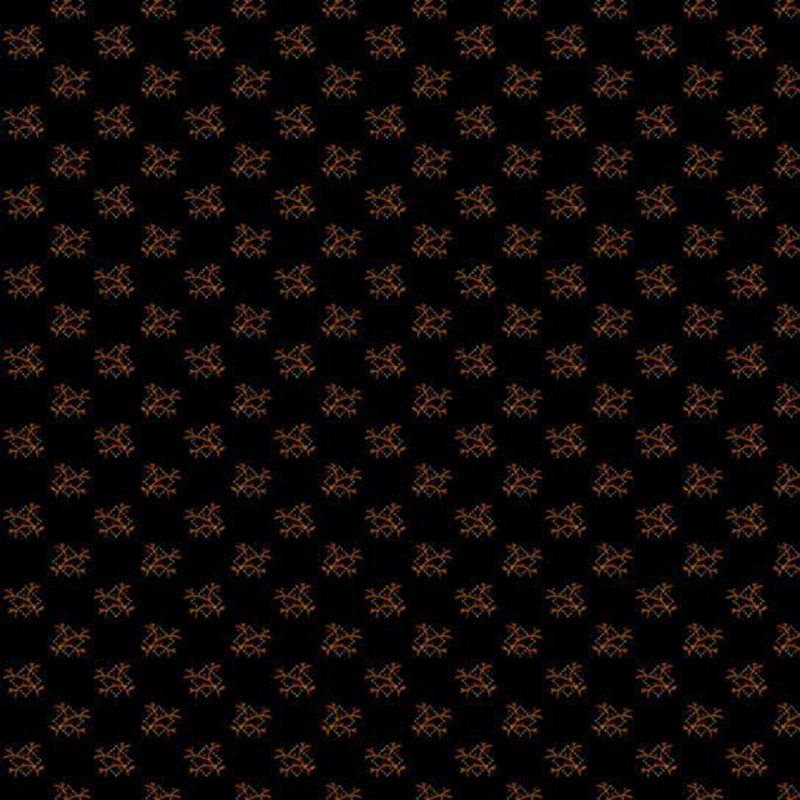 Coal black fabric with a unique pattern of orange tree branches inside a frame of cream dots.