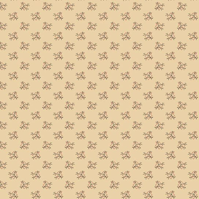 Rich cream fabric with a unique pattern of brown tree branches inside a frame of burnt orange dots.