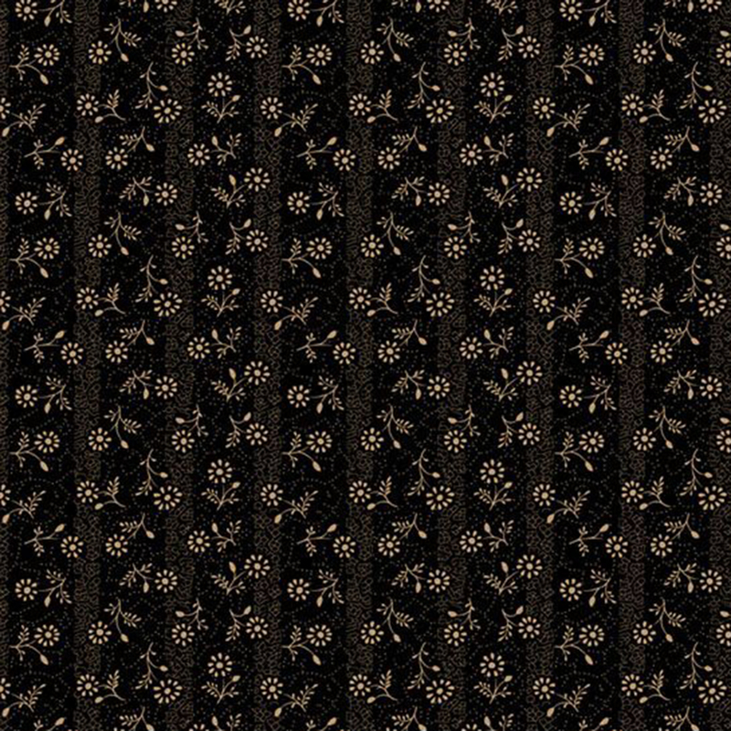 Coal black fabric featuring subtle tonal striping, overlayed by tossed cream florals.