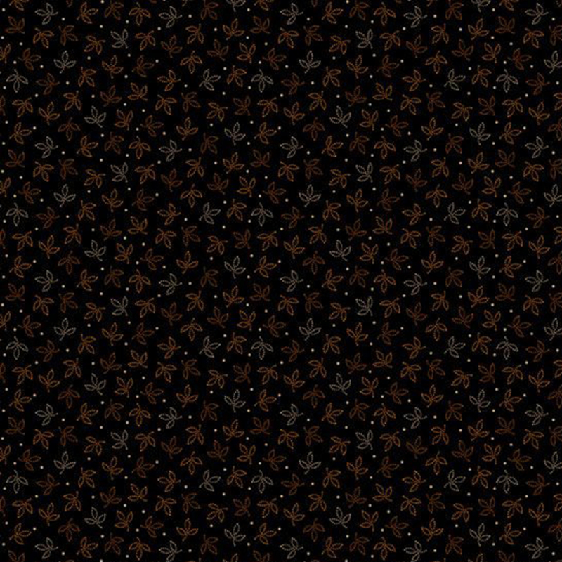 Coal black fabric with small orange leaves, cream leaves, and cream polka dots.