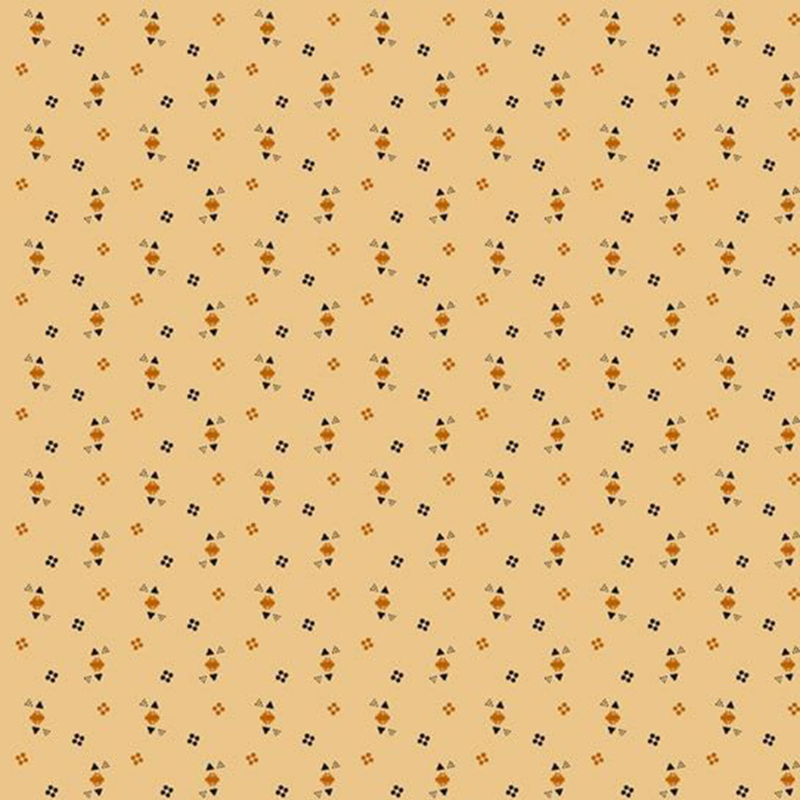 Rich cream fabric with tossed circles, triangles, and squares in black, orange, and tonal beige.