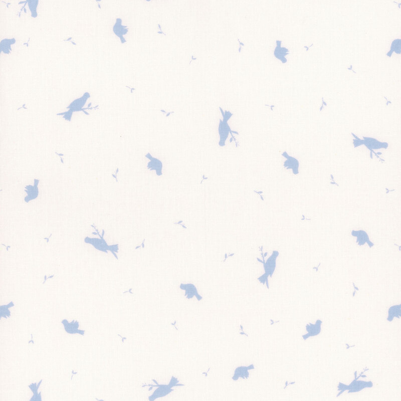 Light blue bird silhouettes scattered across a white background, creating a delicate pattern.